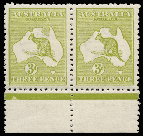 1913-14 3d olive, wmk 2, lower marginal horizontal...