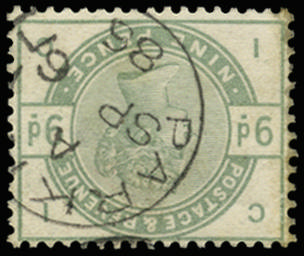 Great Britain 1883 9d Dull green (Wmk. Inverted). Very fine used well centered example lettered IC, neatly cancell…