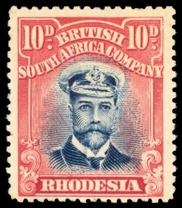 Rhodesia 1913-19 10d deep blue and carmine-red, Head Die II, perf 15, mint with large part o.g. variety ‘waxed moustache'