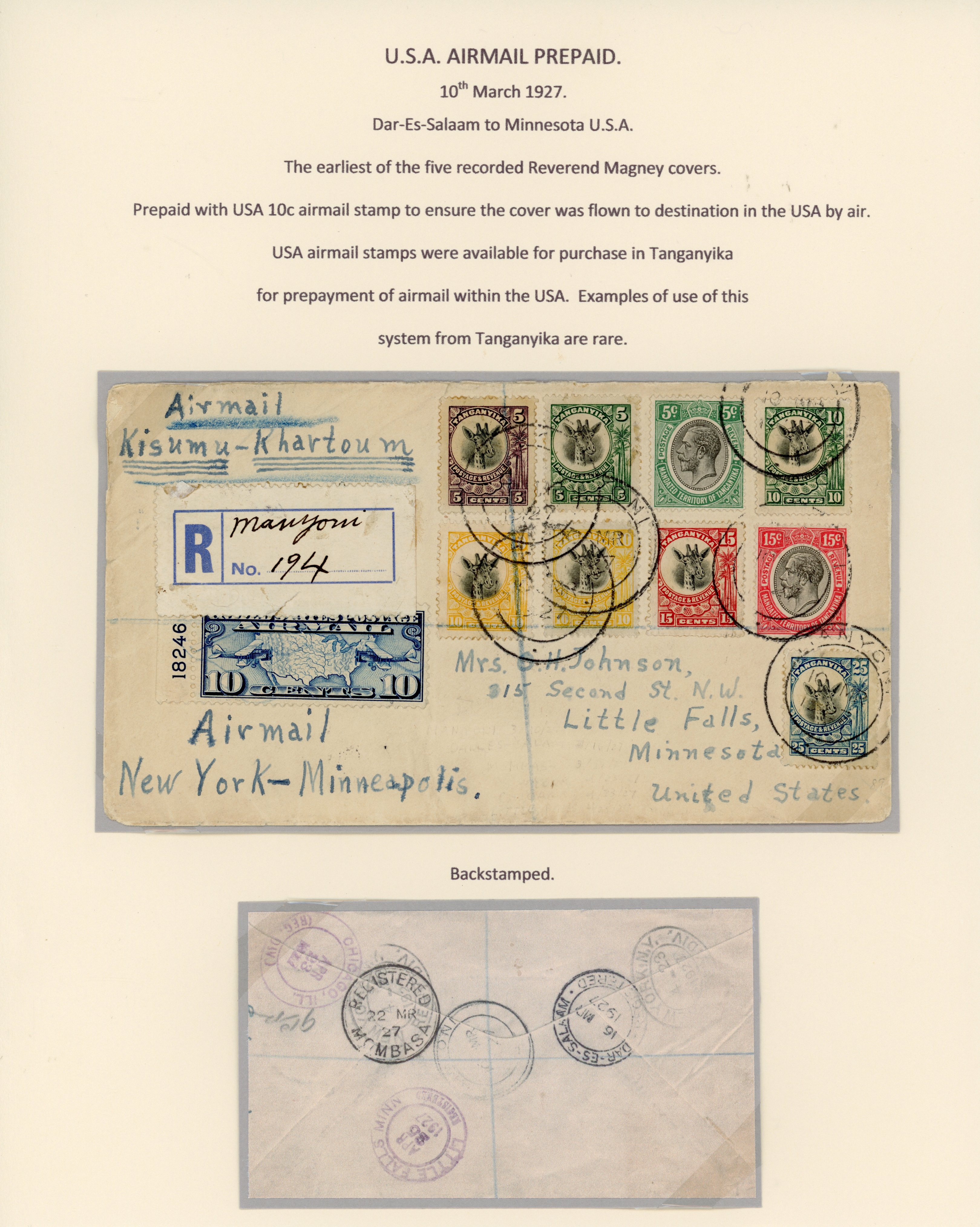 Tanganyika 1927 Magney airmail cover to USA