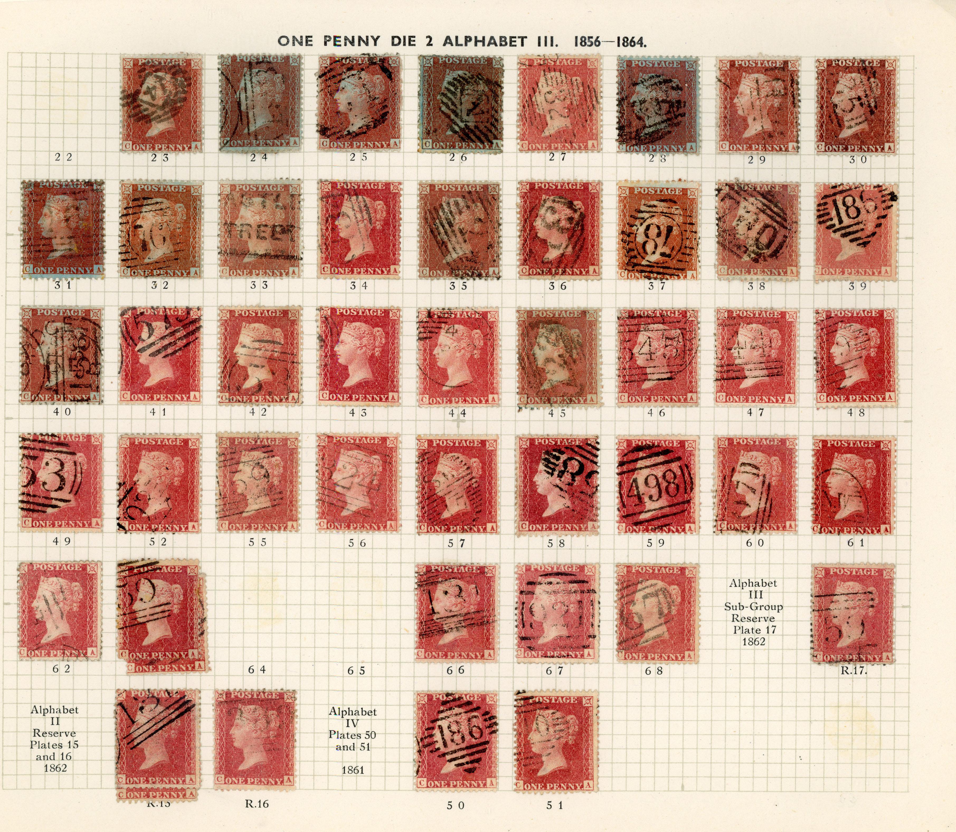 GB 1856-64 1d reds from Plates 22 - R17, the C Row