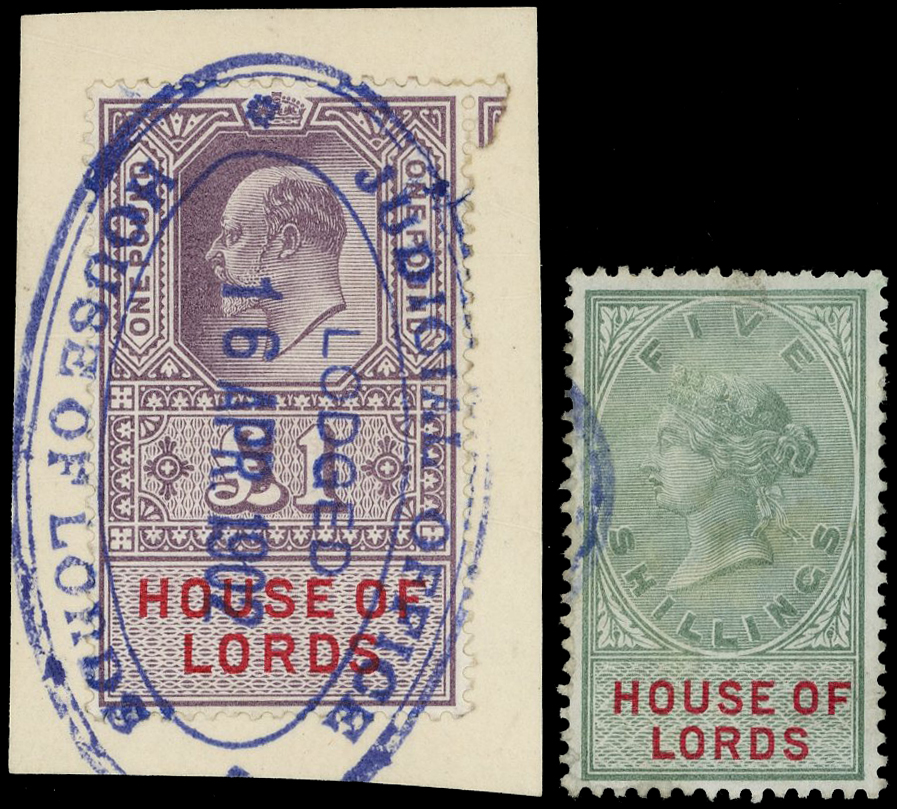 GB House of Lords KEVII £1 an QV 5 green & red used.