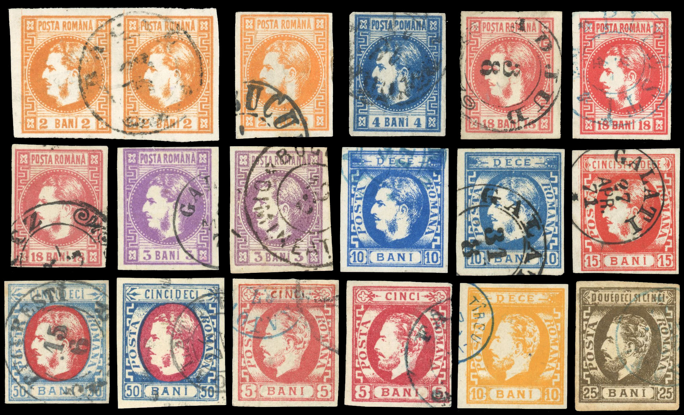 Romania 1868-72 attractive used selection arranged on two stockcards