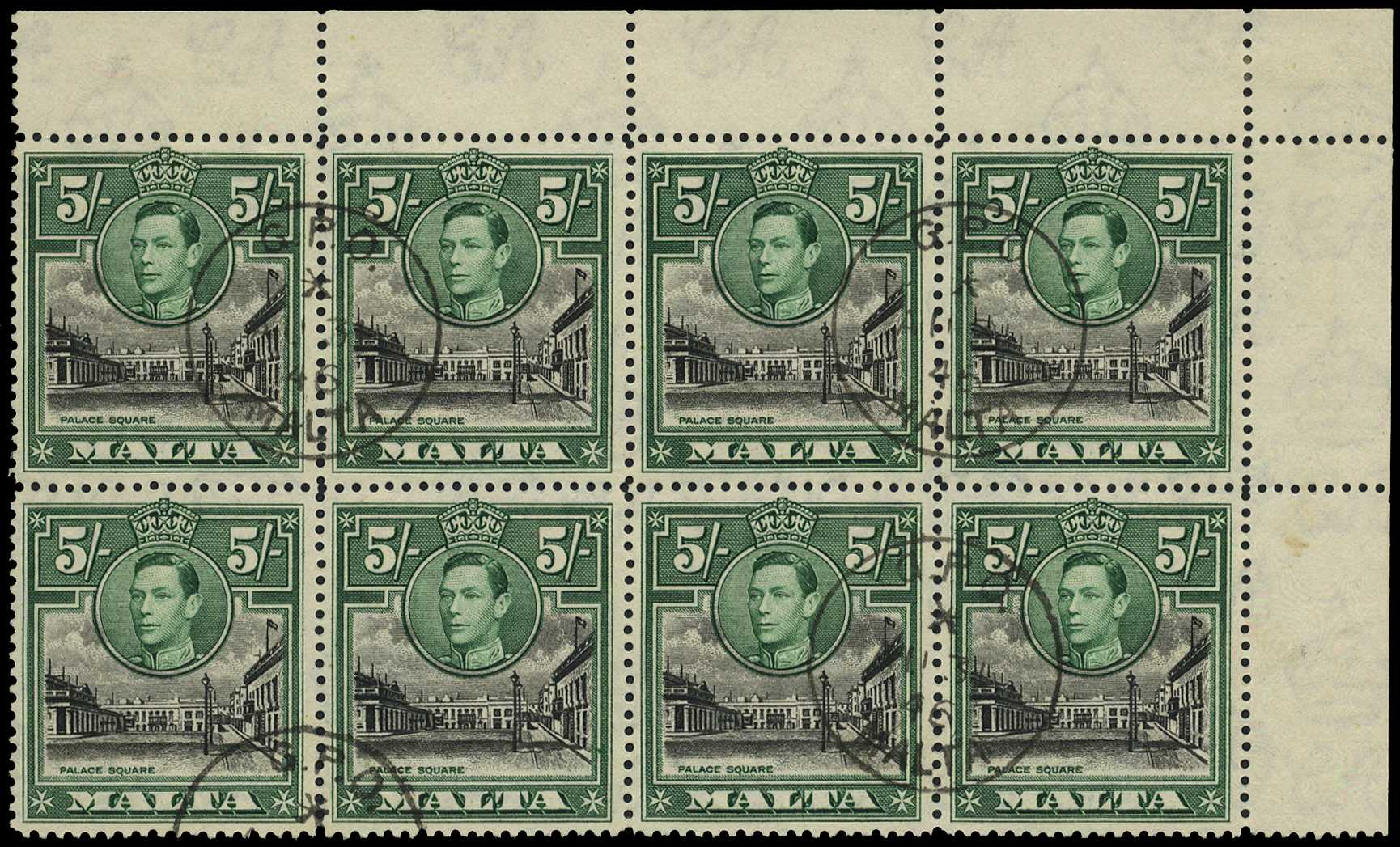 1938-43 5/- black and green corner block...