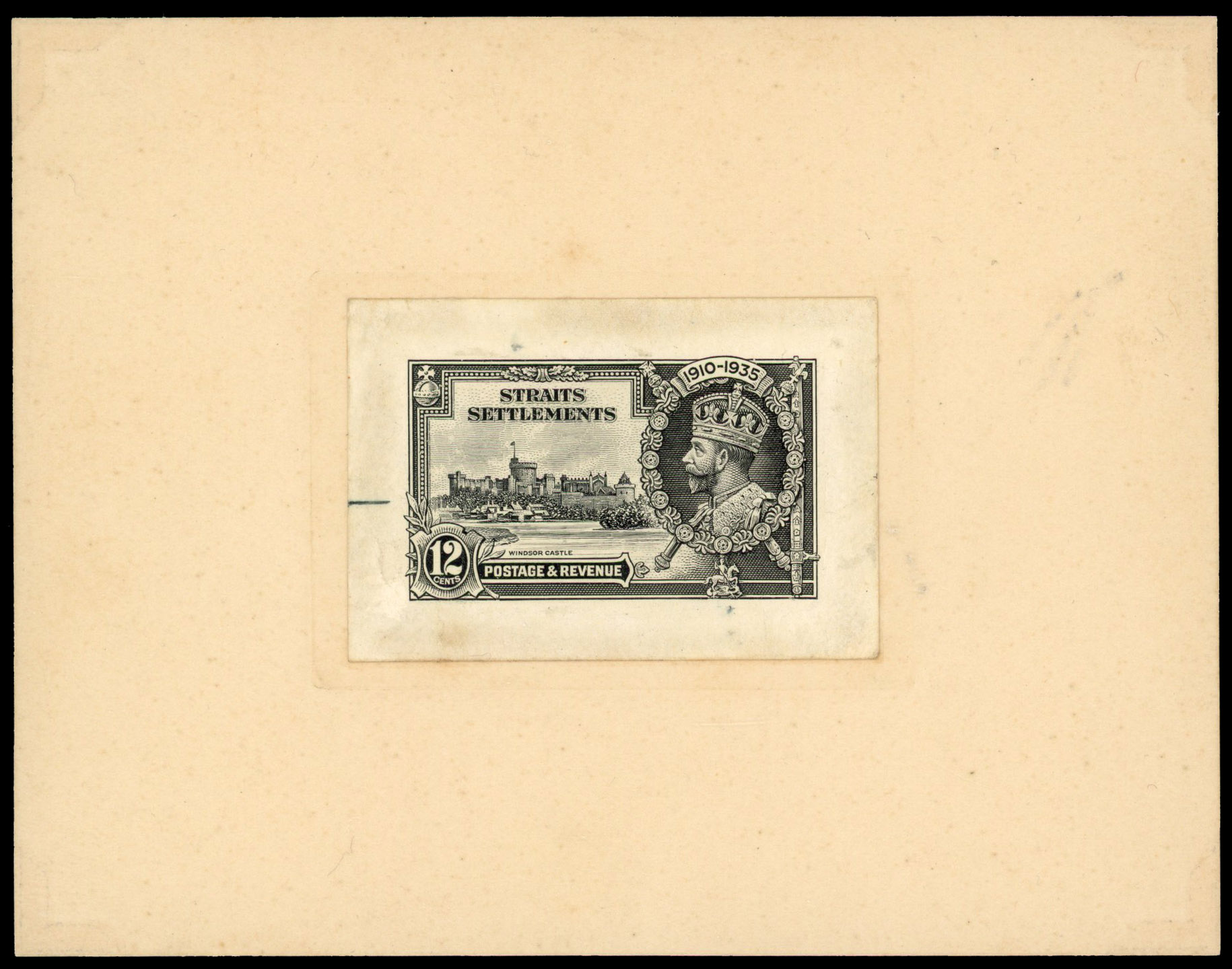 Straits Settlements 1935 Silver Jubilee 12c die proof in black