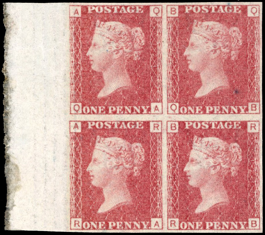 SG 43 1864 1d rose-red Plate 121 on Dr Perkins blued paper block mint