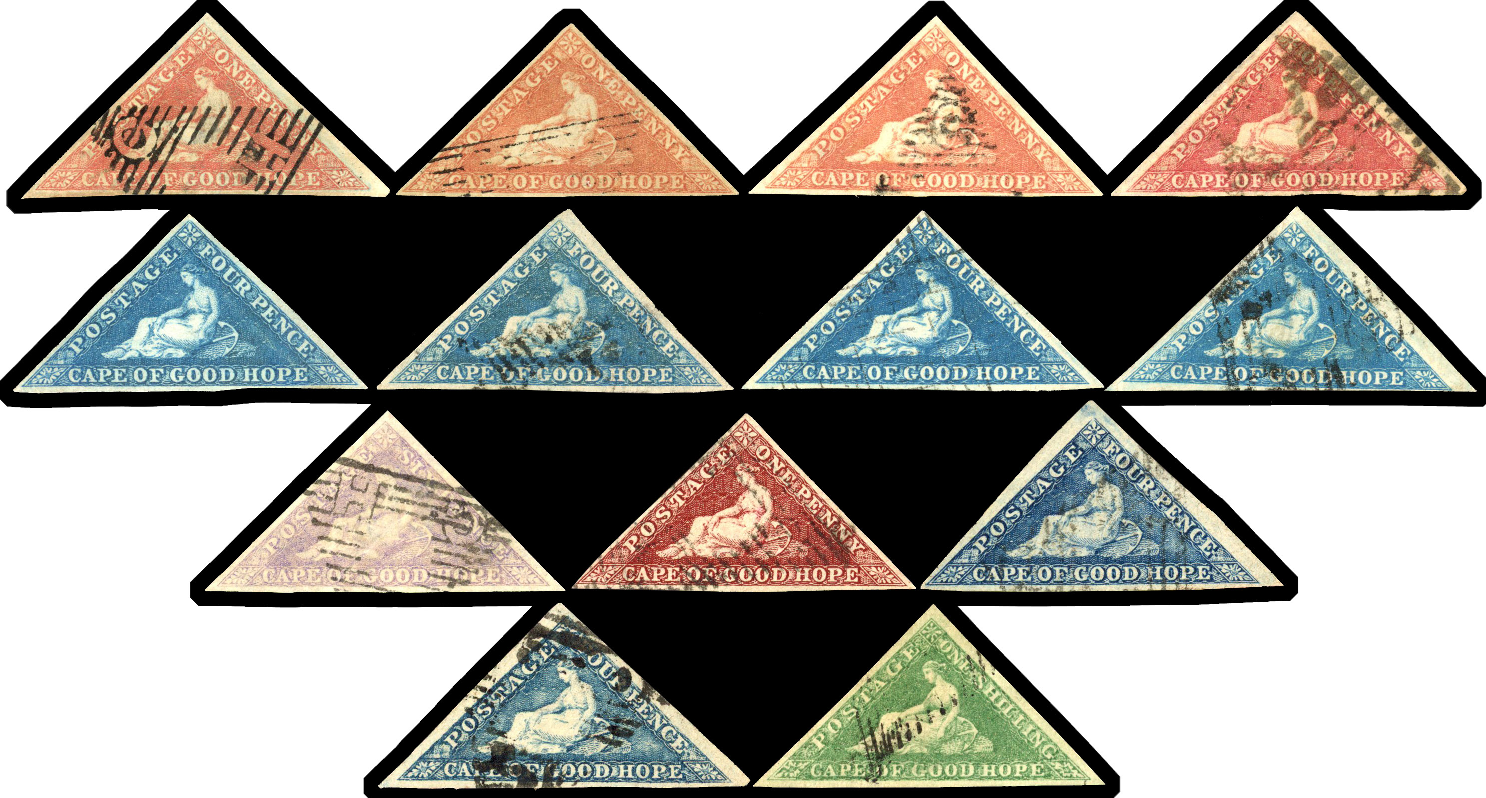 CAPE OF GOOD HOPE: 1853-64 1d to 1s. used triangulars including 1d 1d slightly blued paper, 1855 1d (3), 4d (6), 6d and