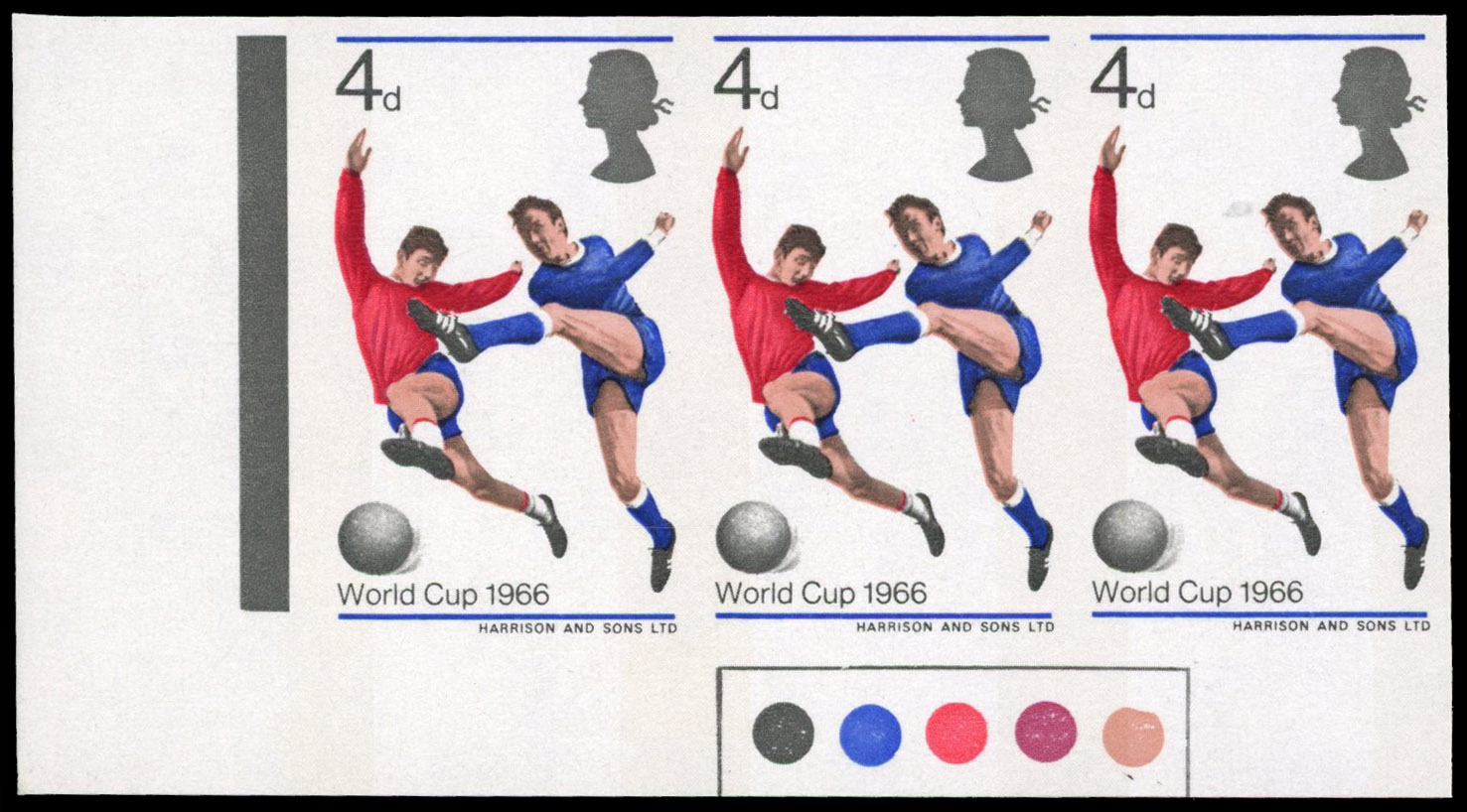 Great Britain 1966 4d World Cup Football Championships, Horizontal Traffic Light Strip of Three, BPMA Imprimatur, SG 693p