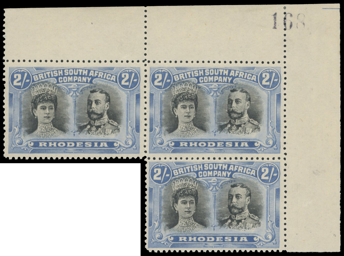 2s black and ultramarine SG 153 corner 'block' of three, positions 4-5 and 10 mint