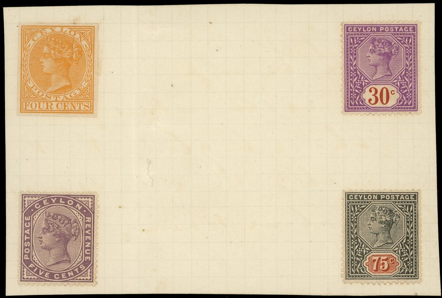 1899 4c yellow imperforate proof affixed to piece, ex DLR Appendix sheet 'C', the piece also with perforated 5c, 30c and...
