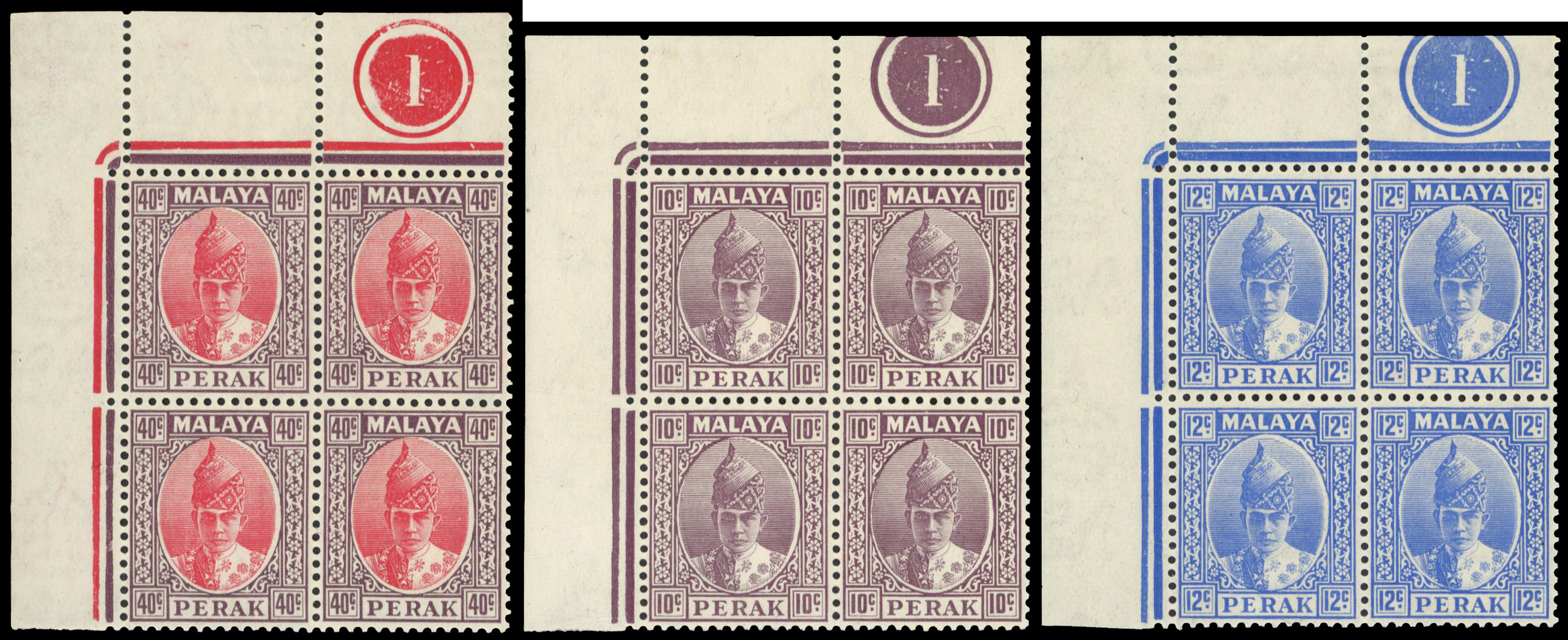 Malaya Perak SG 112-3, 117 Plate blocks mint