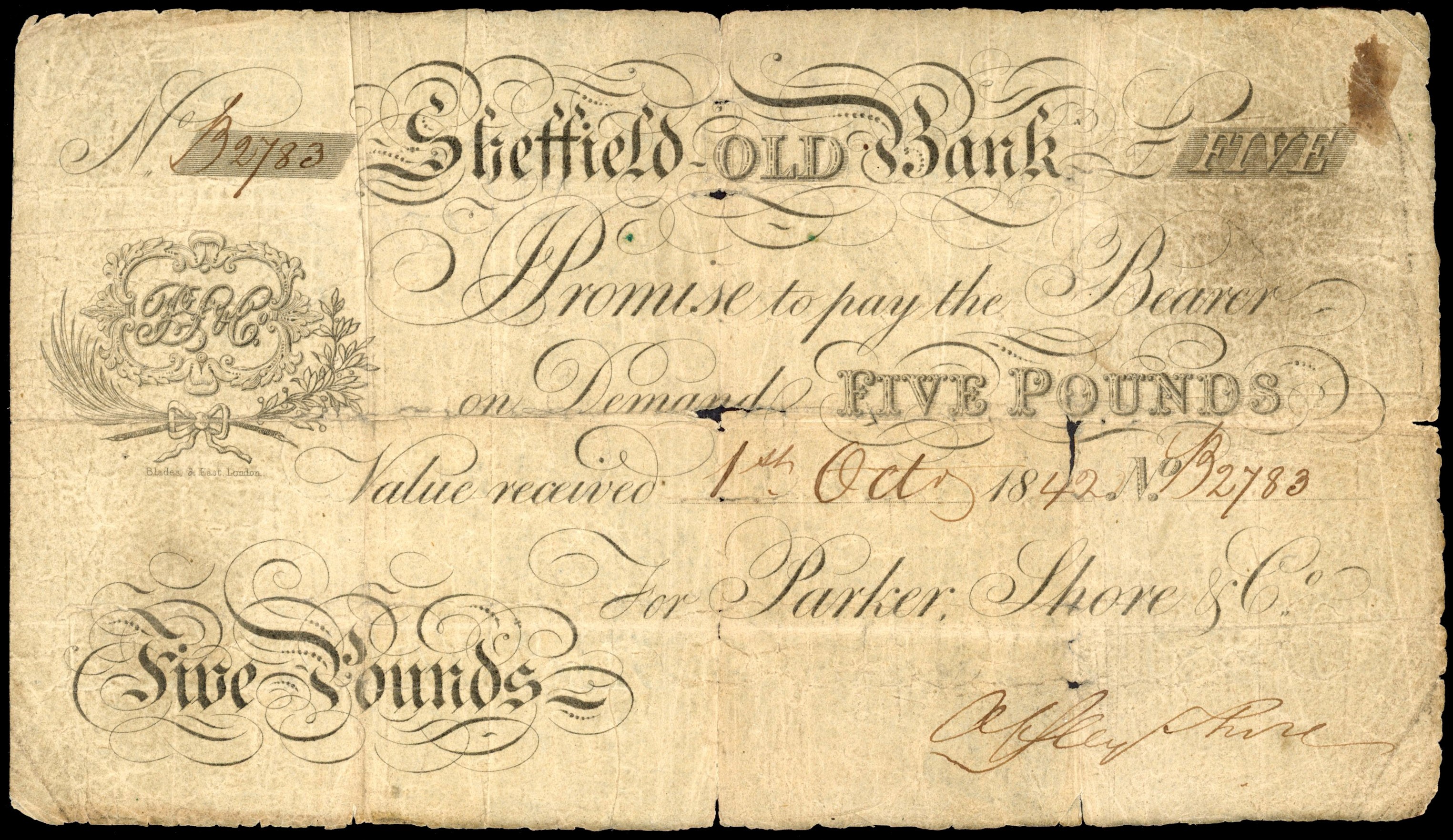 SHEFFIELD, Sheffield Old Bank, for Parker, Shore & Co., £5.,1 October 1842, serial number B2783, signature of …