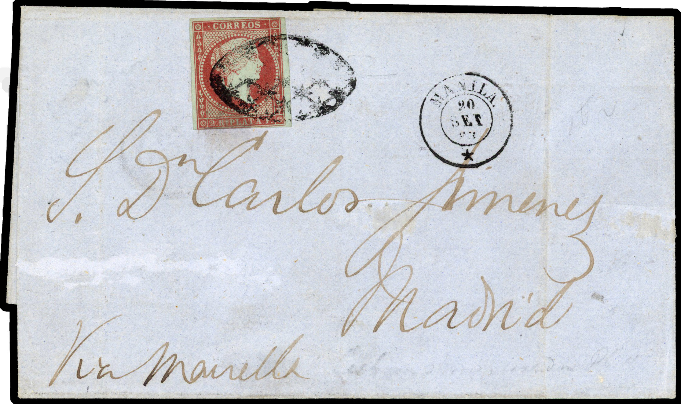 1863 entire to Madrid, Spain bearing  Stamps of Cuba and Puerto Rico 1855 2r deep carmine on bluish paper