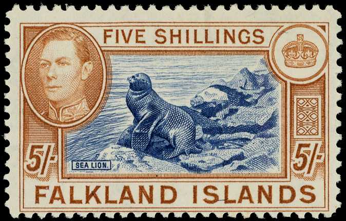 1939 5/- indigo and pale yellow-brown...