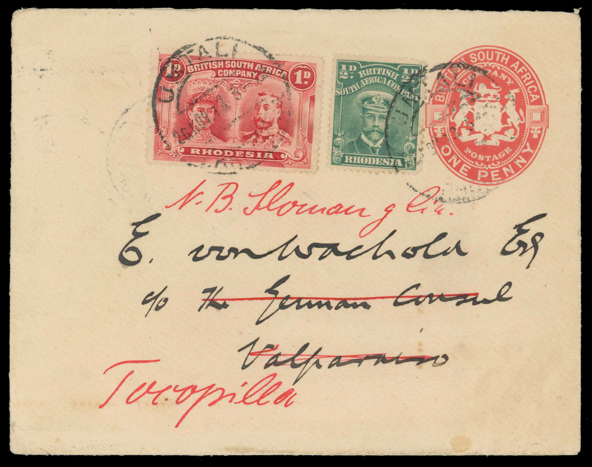 Rhodesia 1d Arms postal stationery envelope uprated to Chile