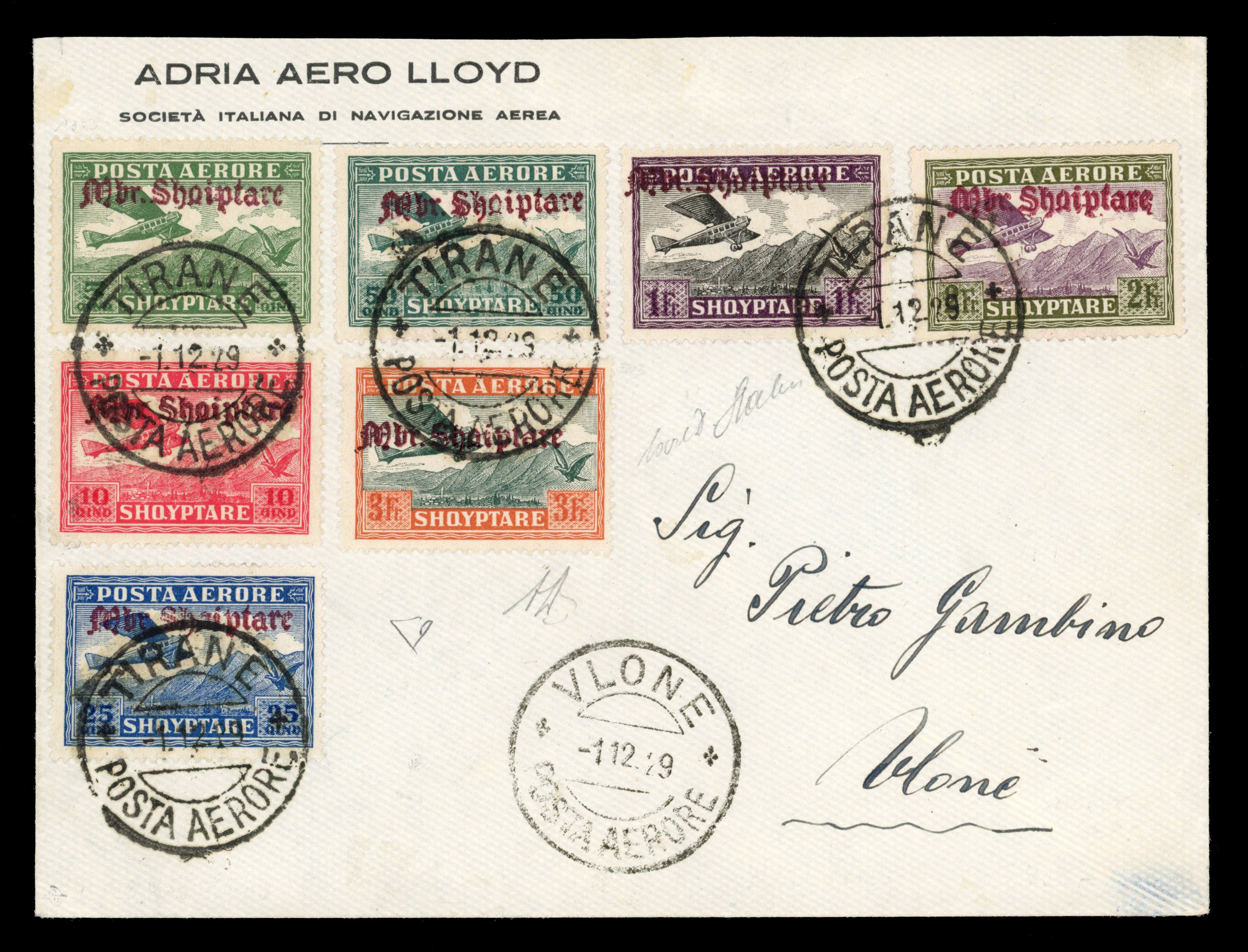 Albania 1929 (1.12.) cover with airmail set first day