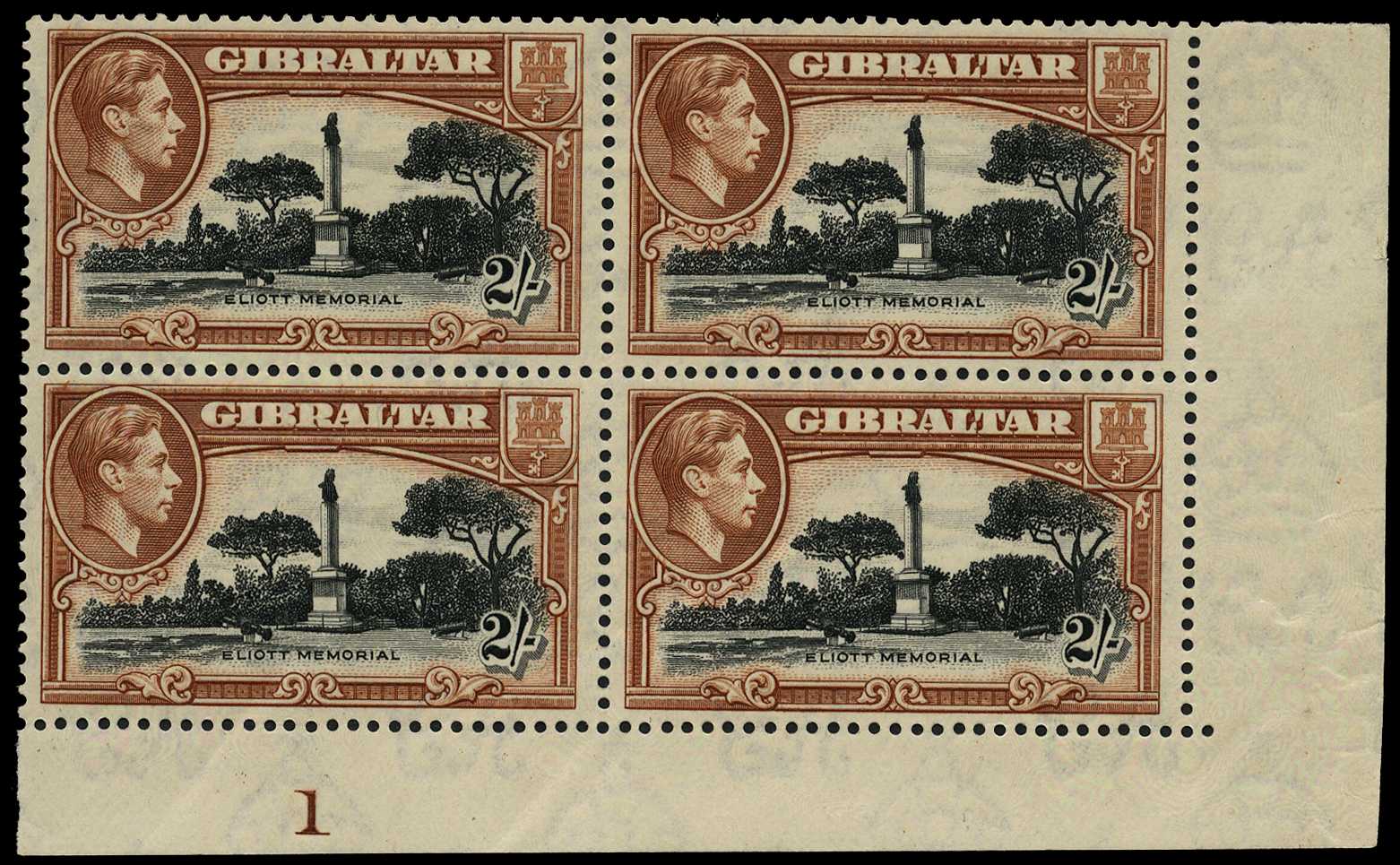 1938 2/- black and brown perf 13½, lower...