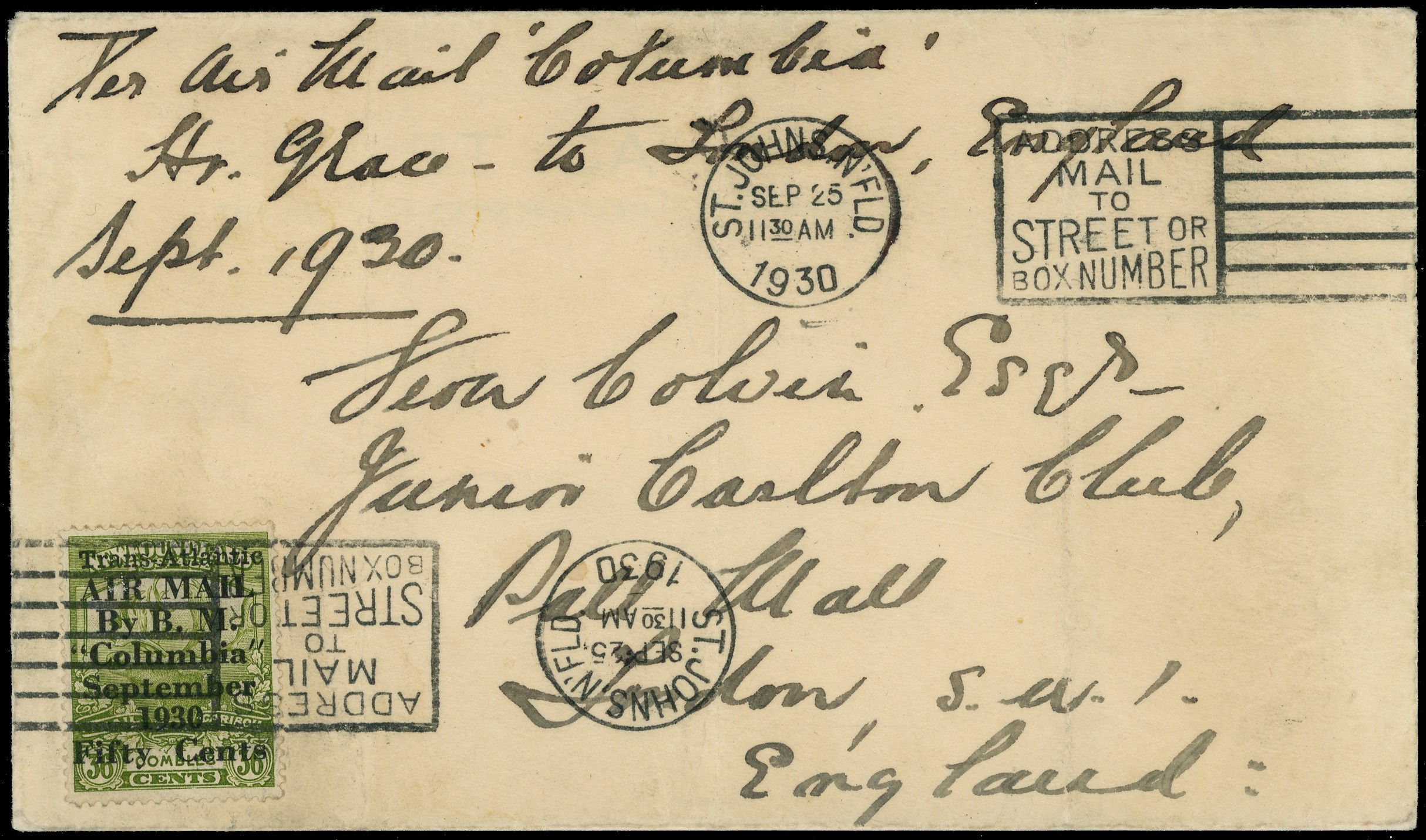 Newfoundland 1930 Air Mail Columbia on cover to England...