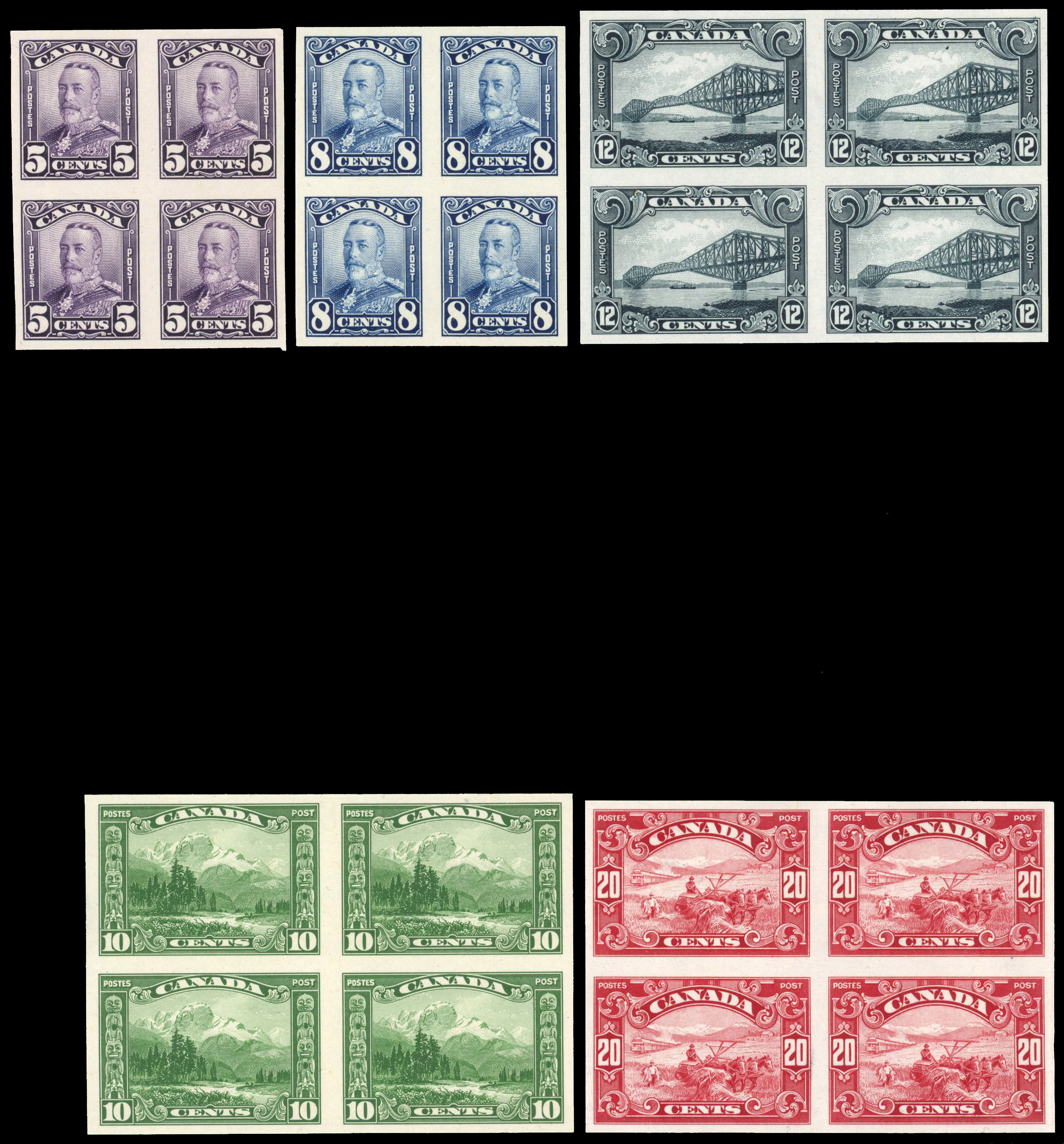 1928-29 'Scroll' part set to 20c plate proofs on India paper in blocks of four SG 288-301var  