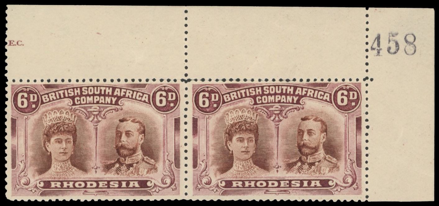 6d brown and purple SG 145 corner pair with sheet number mint