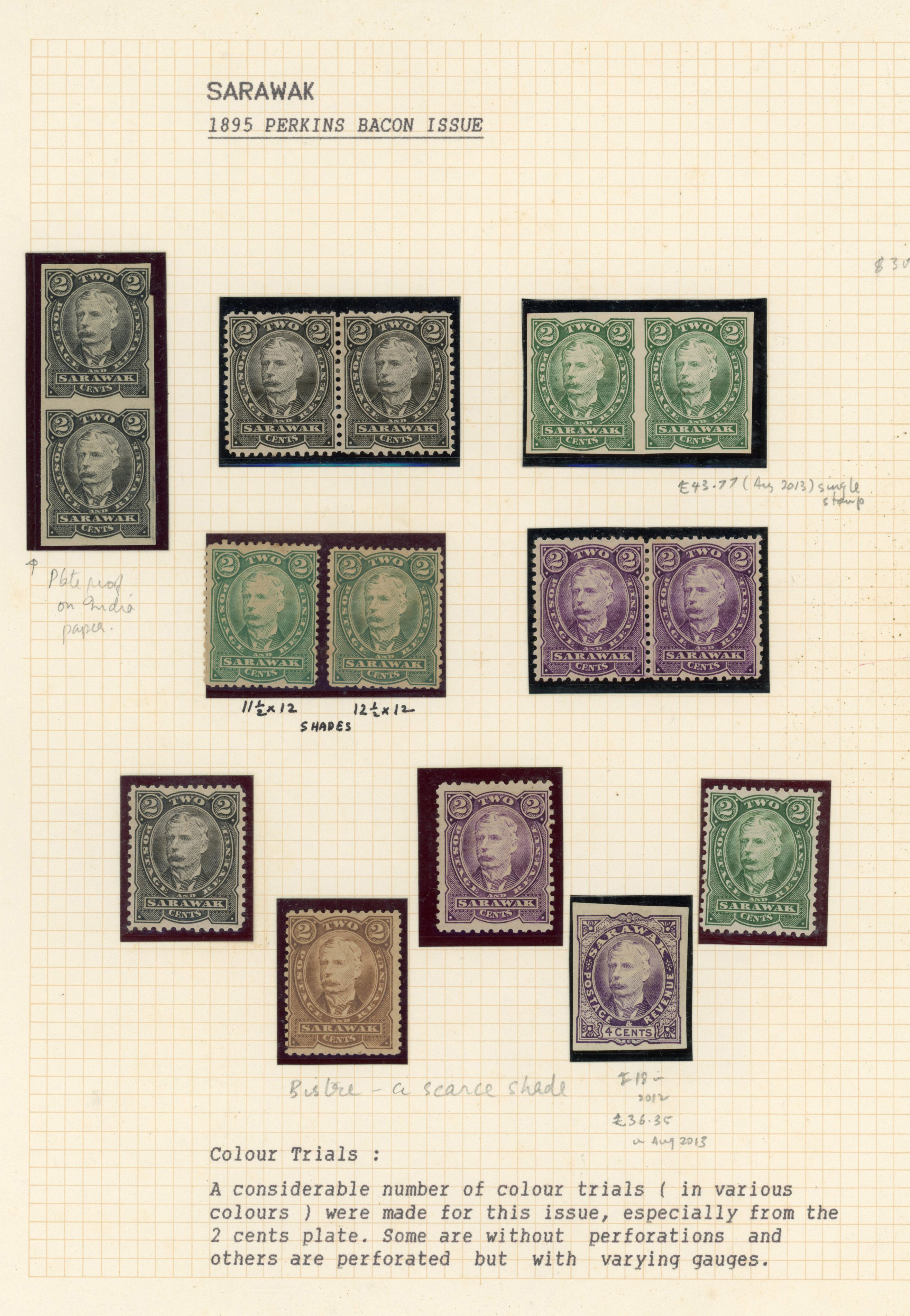 Sarawak 1895 2c and 4c colour trials group