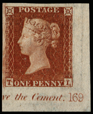 1841 1d red-brown Plate 169 (Alphabet II). Superb unused bottom right hand corner marginal imperforate…