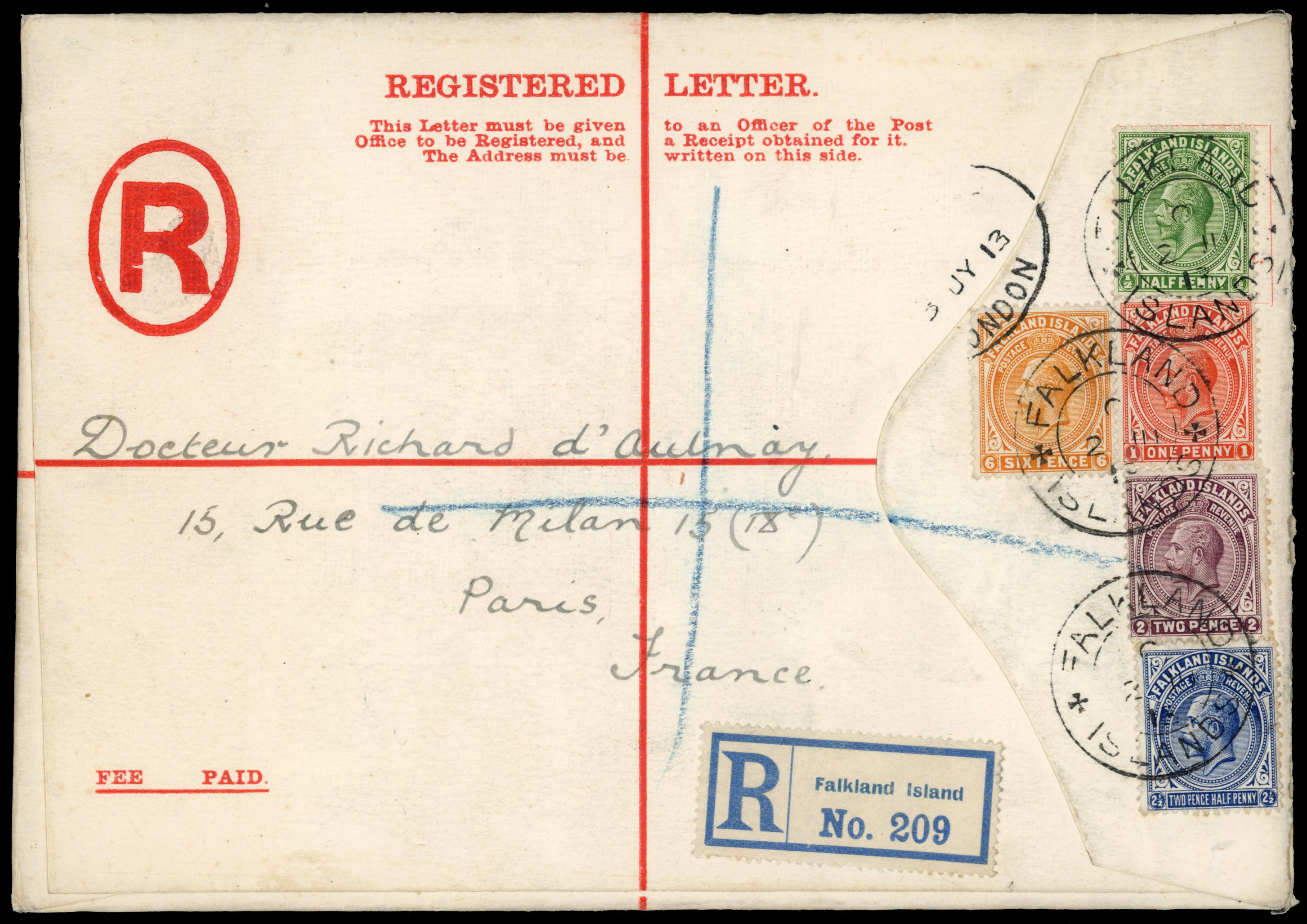 Falkland Islands 1913 formula registered envelope to Paris