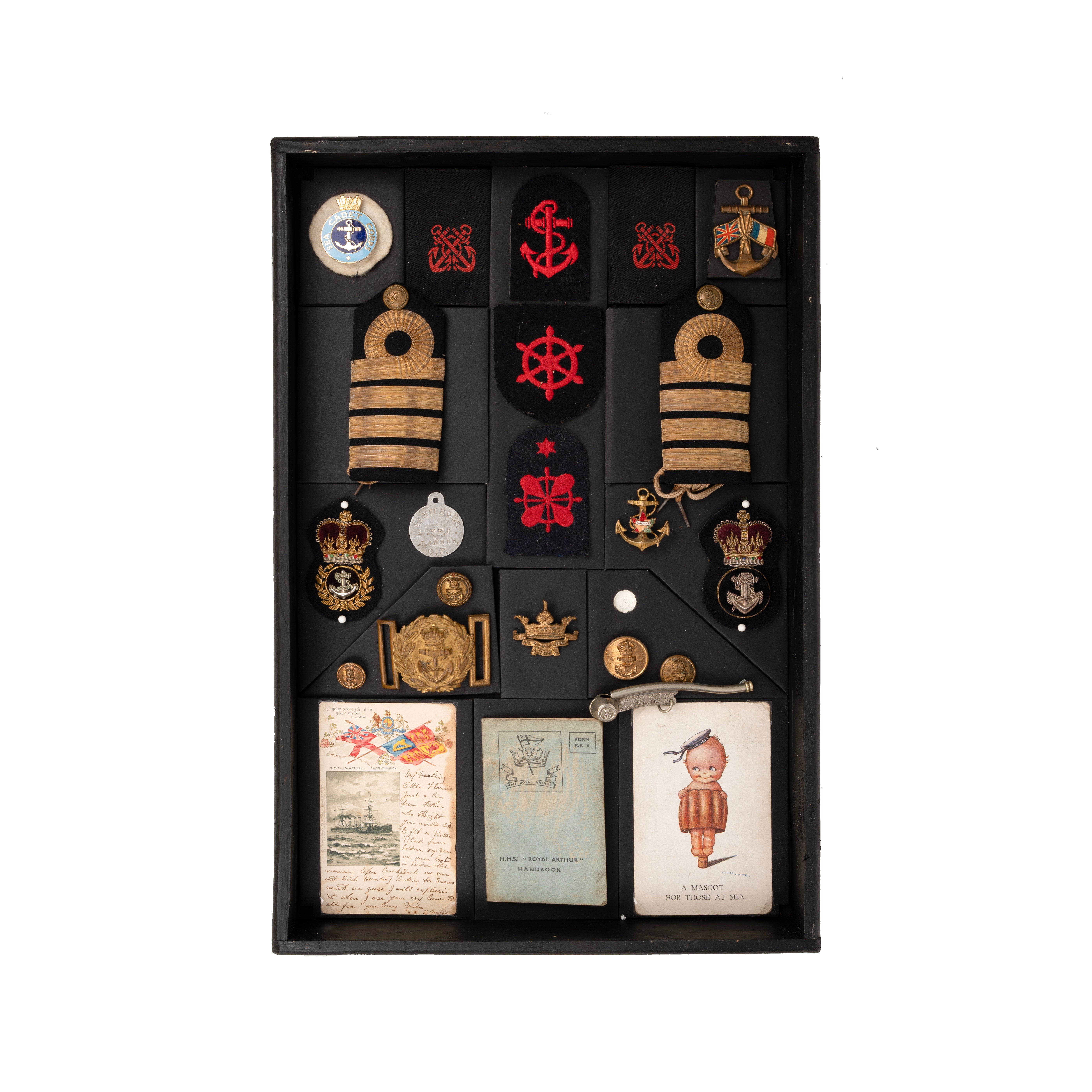 Royal Navy badges etc, housed in display box