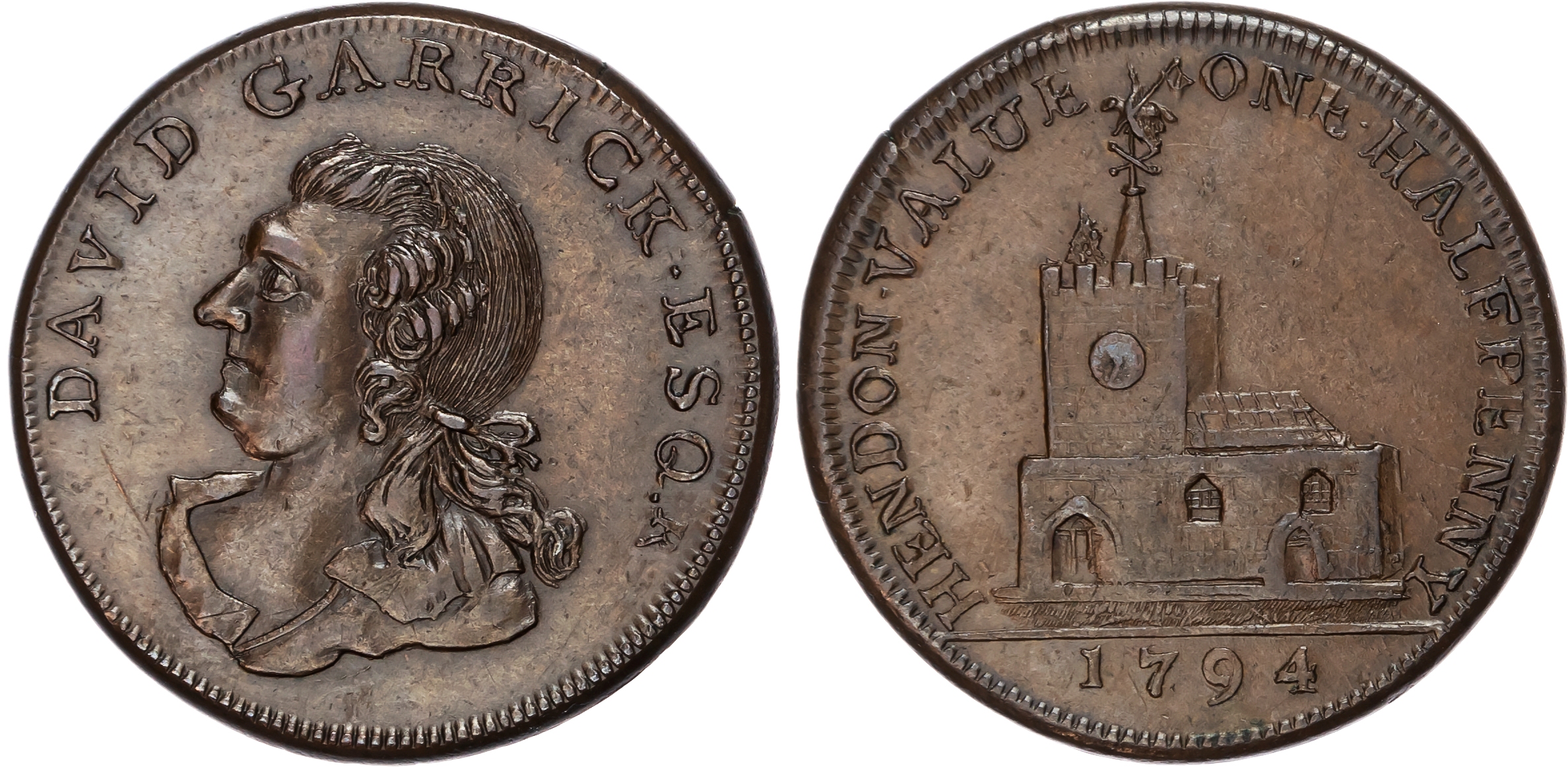 London , Hendon , Benjamin Price (innkeeper – ‘the Greyhound’) Halfpenny 1794. Bust left of David Garrick (of …