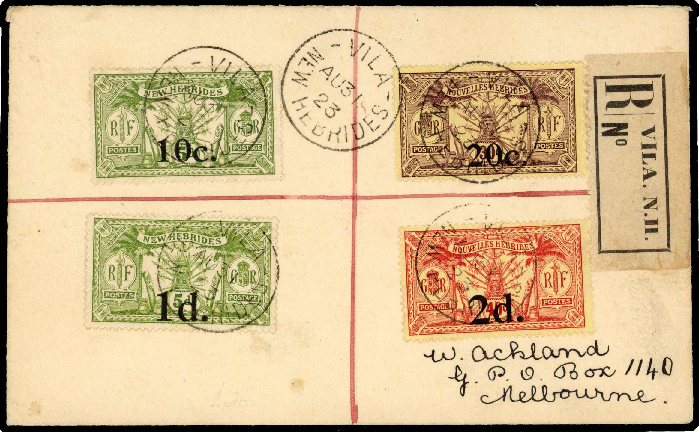 New Hebrides 1923 registered cover to Melbourne