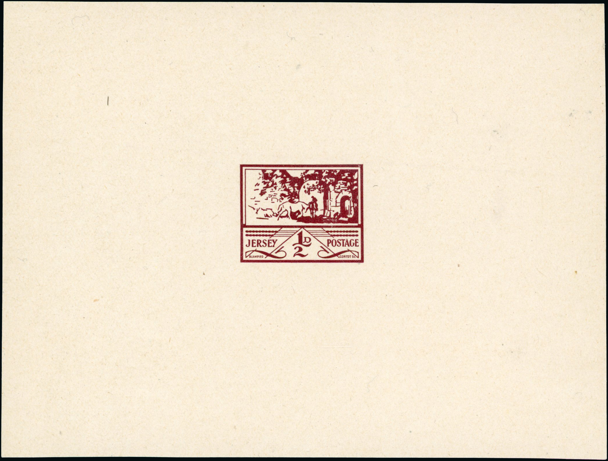 1943 ½d Jersey ‘Views’ Imperforate Die proof in brown on rough paper. SG3, JW23. 