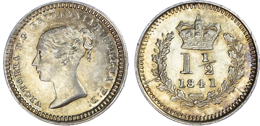 Victoria (1837-1901), Three-Halfpence, 1838, 1839 (2), 1841 and 1842 (1over 1 and 2 over 2)