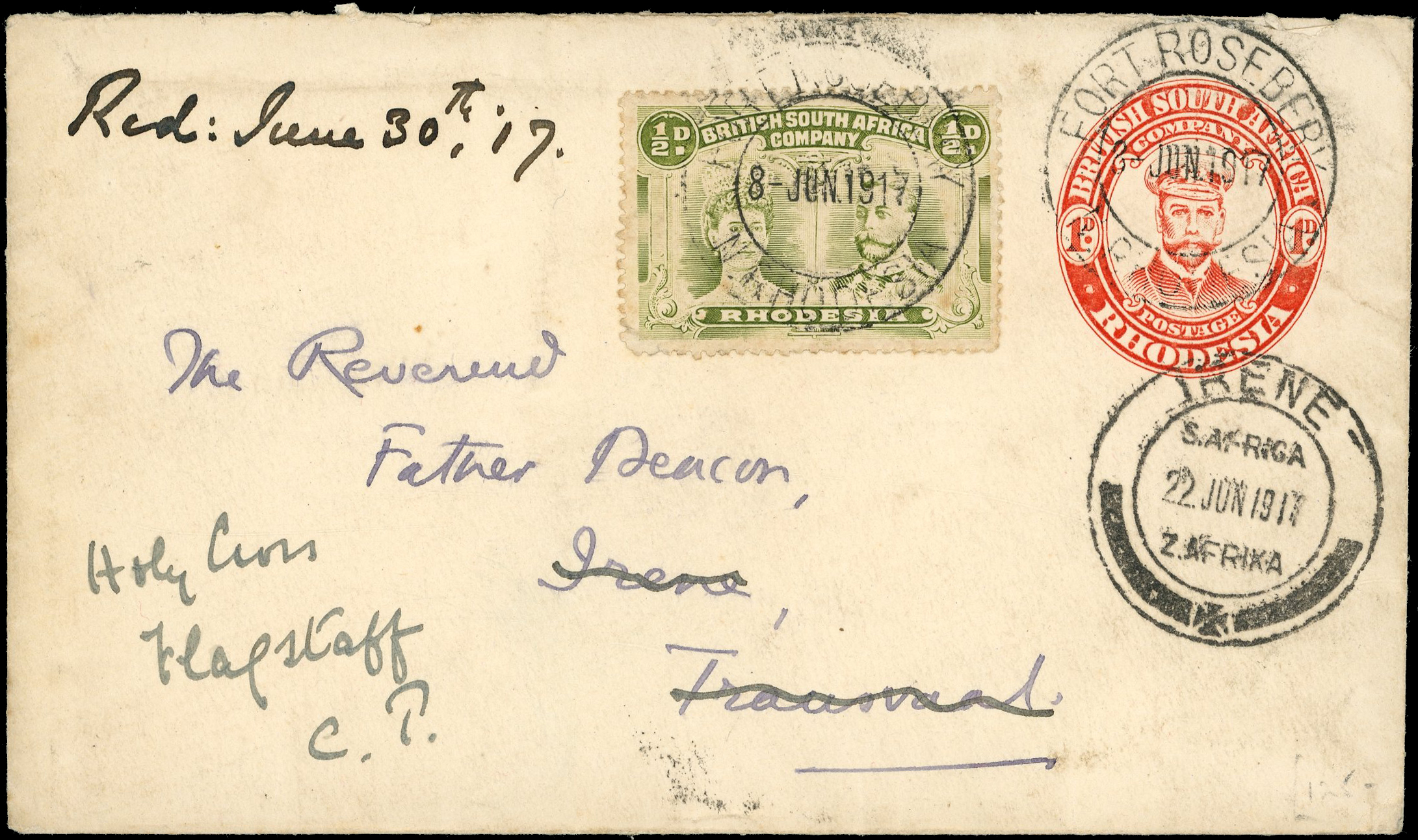 1917 1d red "Admiral" envelope used from Fort Roseberry to South Africa