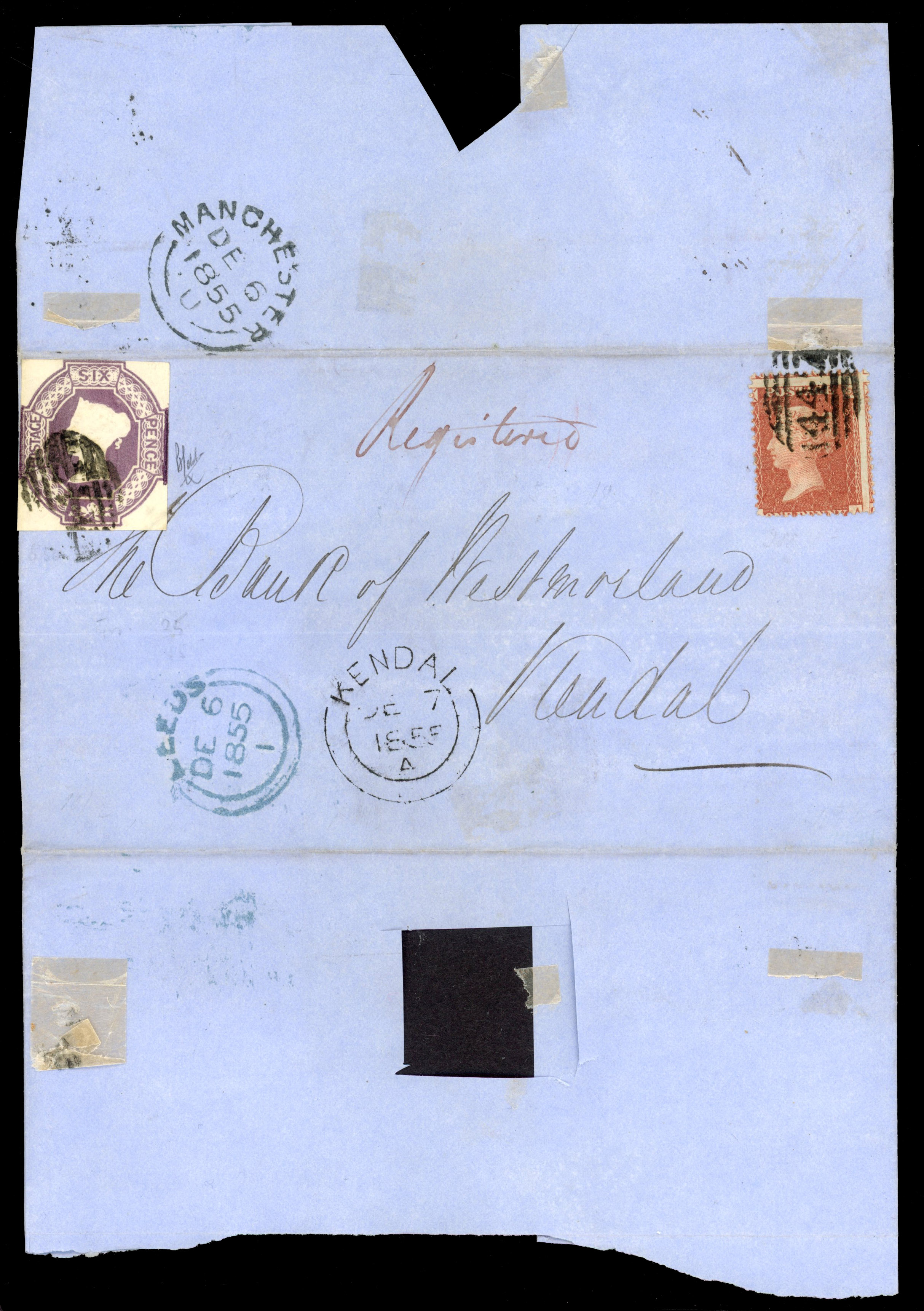 GB 1855 registered wrapper from Leeds to Kendal with SG 29 and SG 58