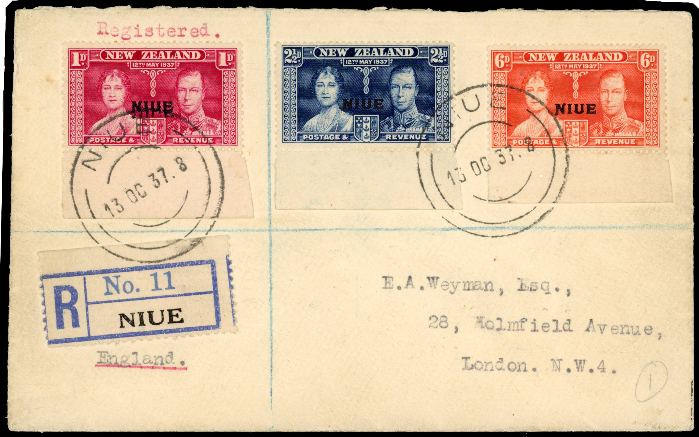 Niue SG 72 1937 cover with Coronation set, 1d two impressions of overprint