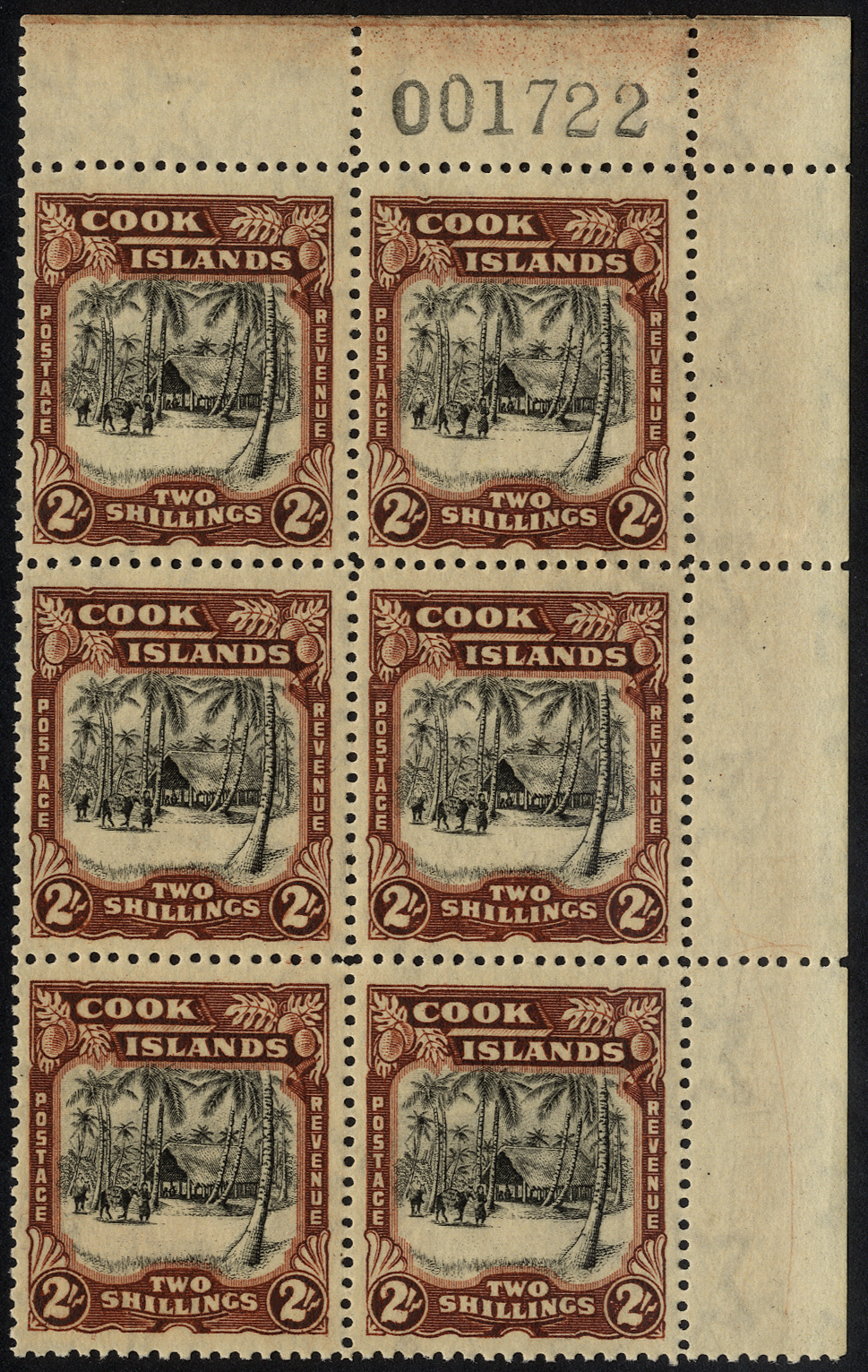1945 2/- black and brown with multiple watermark sideways,u/m top right corner block of six with sheet number. SG 144, cat...