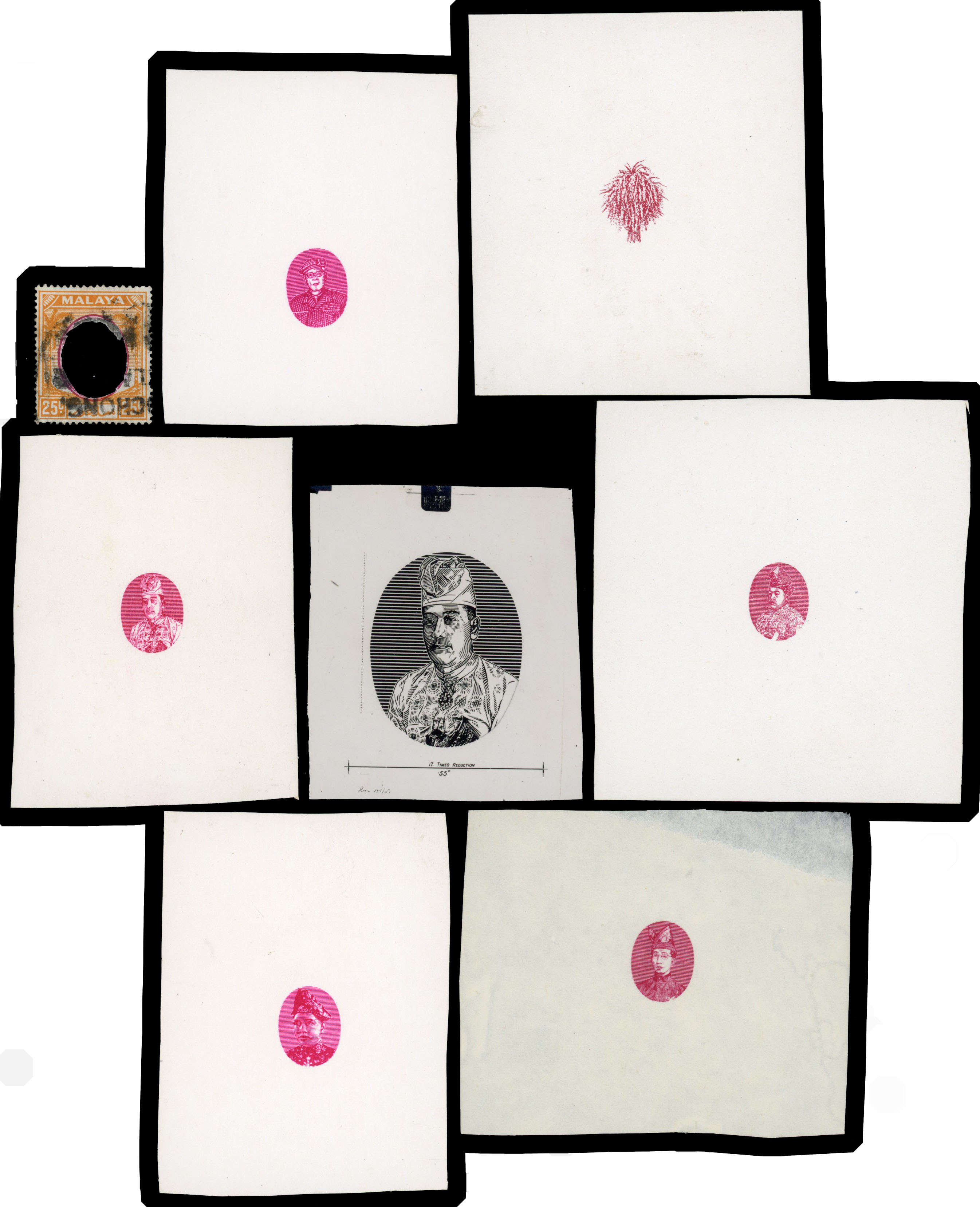 Post WWII selection of reproduction vignette proofs on white unglazed paper in carmine similar to issued stamps