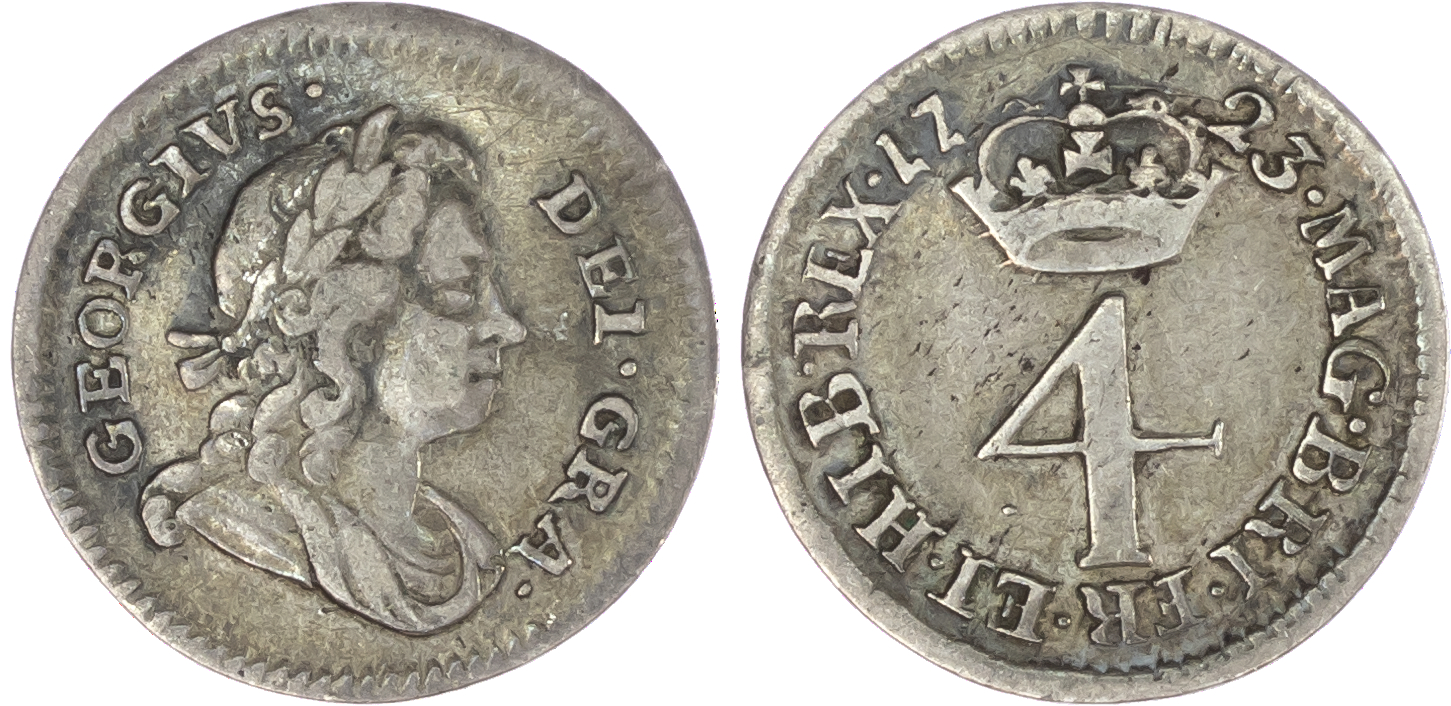 George I (1714-27), Maundy Set, 1723, Fourpence, Threepence, Twopence, Penny, laureate and draped bust right, toothed outer