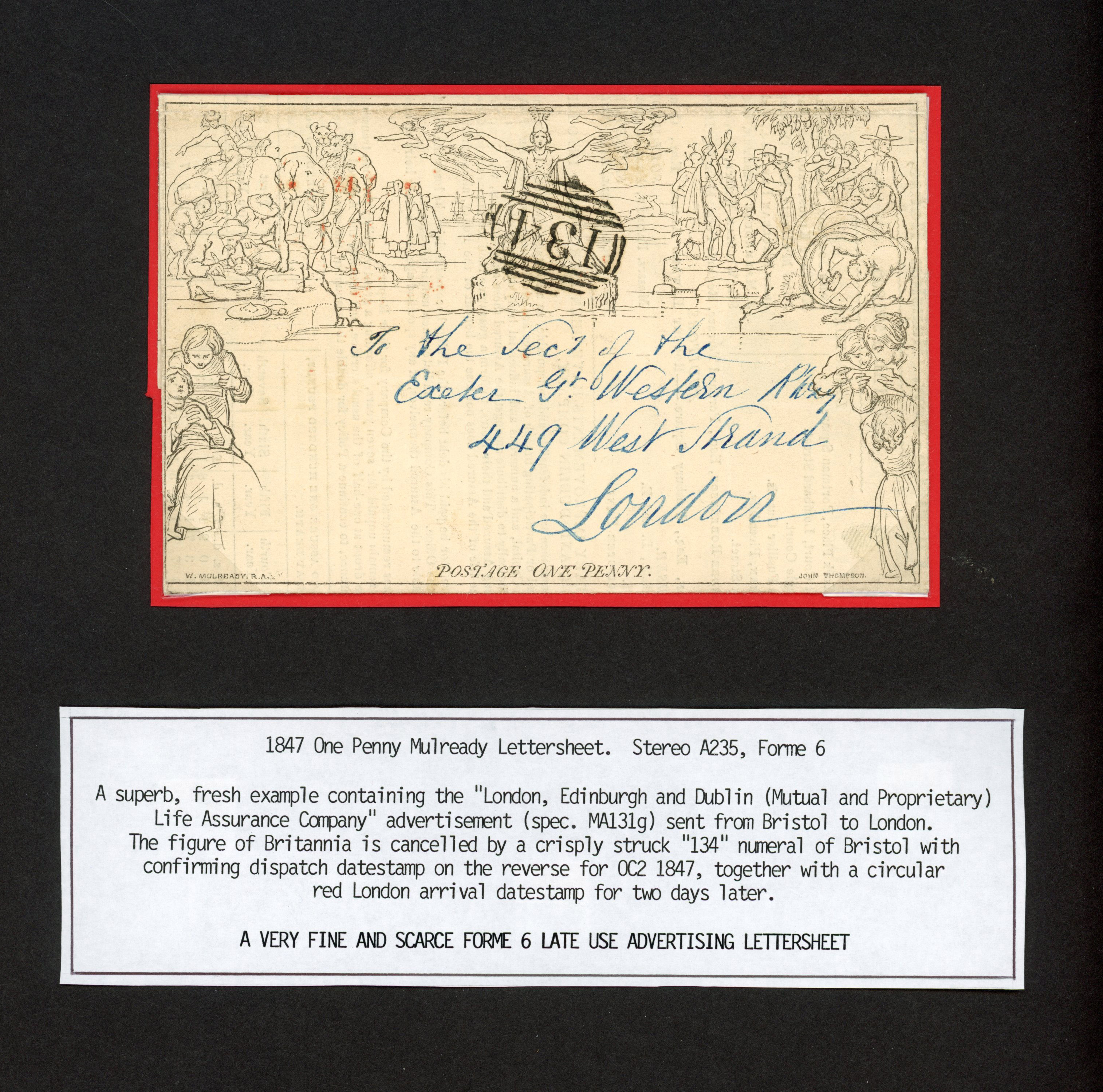 GB 1840 Mulready 1d lettersheet (Stereo A236, Forme 6) addressed to London used