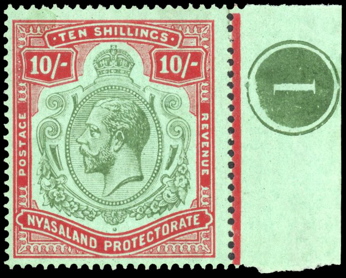 Nyasaland SG 96ea 1919 10/- break in scroll mint
