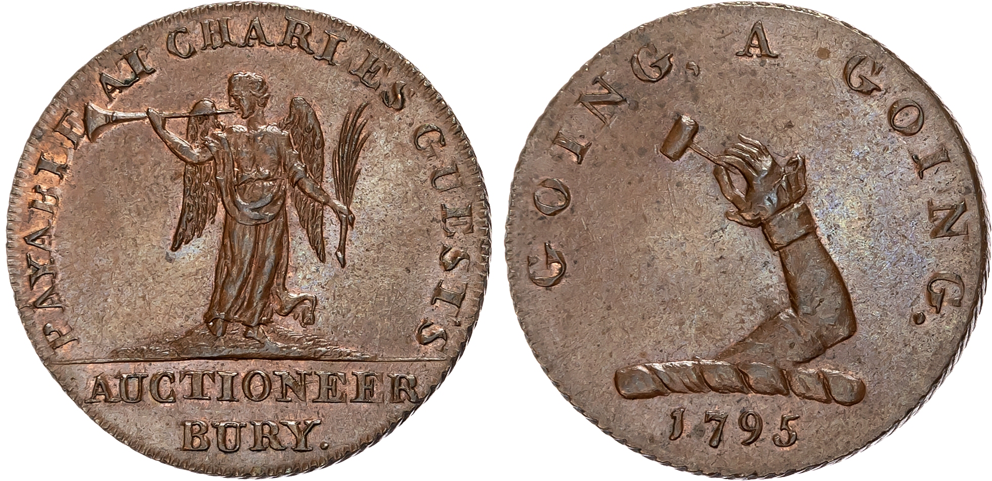 Suff. Bury St. Edmunds , Charles Guest (auctioneer) Halfpenny 1795, Arm with gavel crest, rev. Fame blowing trumpet left …