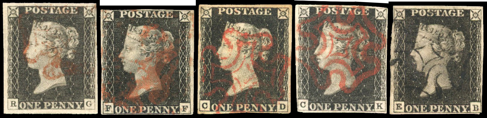 GB: 1840 1d black, five unplated examples, three or four margins, four red MC, one black MC (5) SG 2