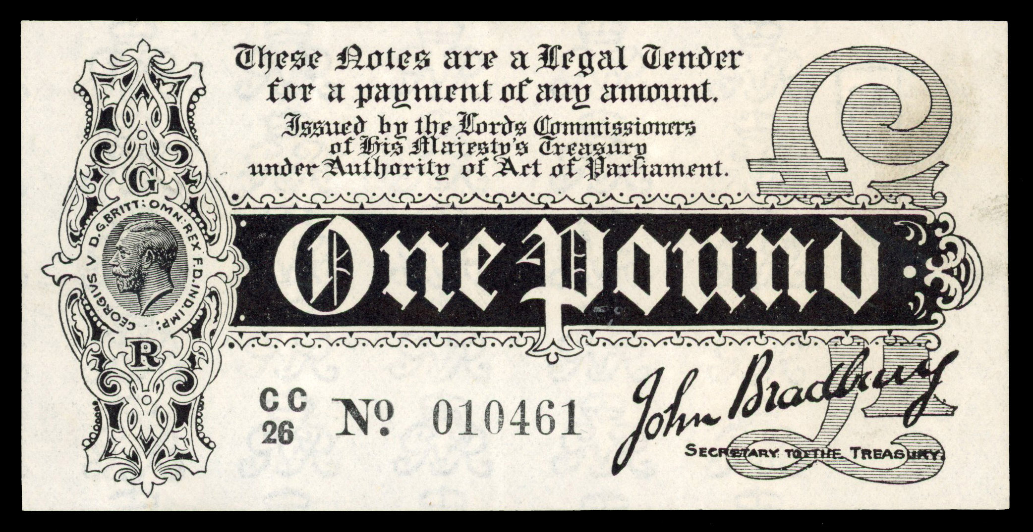 Treasury, J. Bradbury, One Pound, August 1914, CC/26 010461.