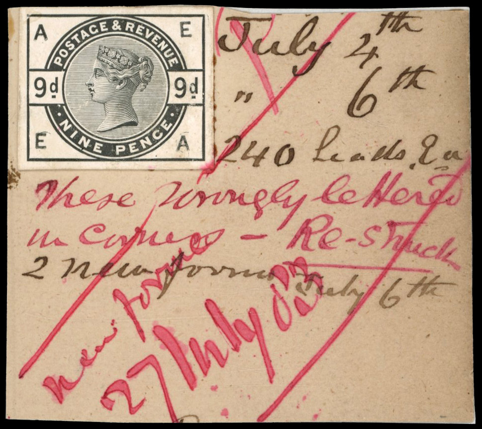 GB 1883-84 9d stamp-sized die proof on DLR striking book piece, For SG 195