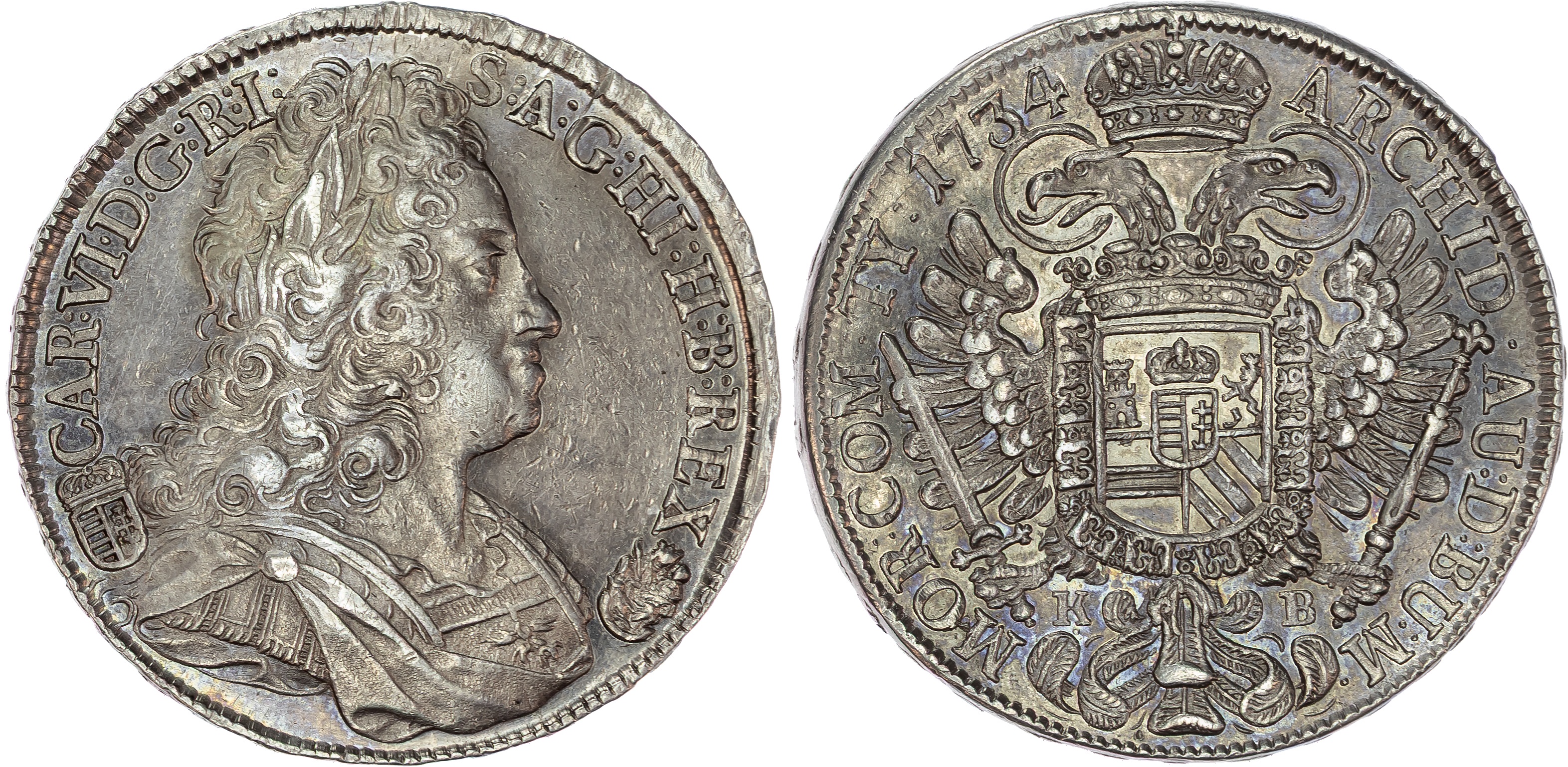 Austria , Charles VI (1711-1740), silver Taler, 1734 KB, Kremnitz, 28.80g (Dav. 1060; KM 310.1). About Good Ve…