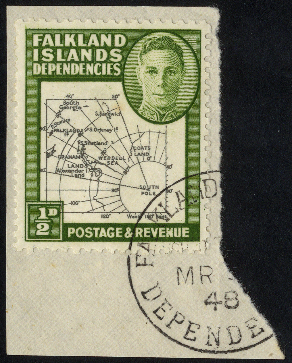 Falkland Island Dependencies 1946 ½d Thick Map used on piece with variety missing 'I'. SG G1b.