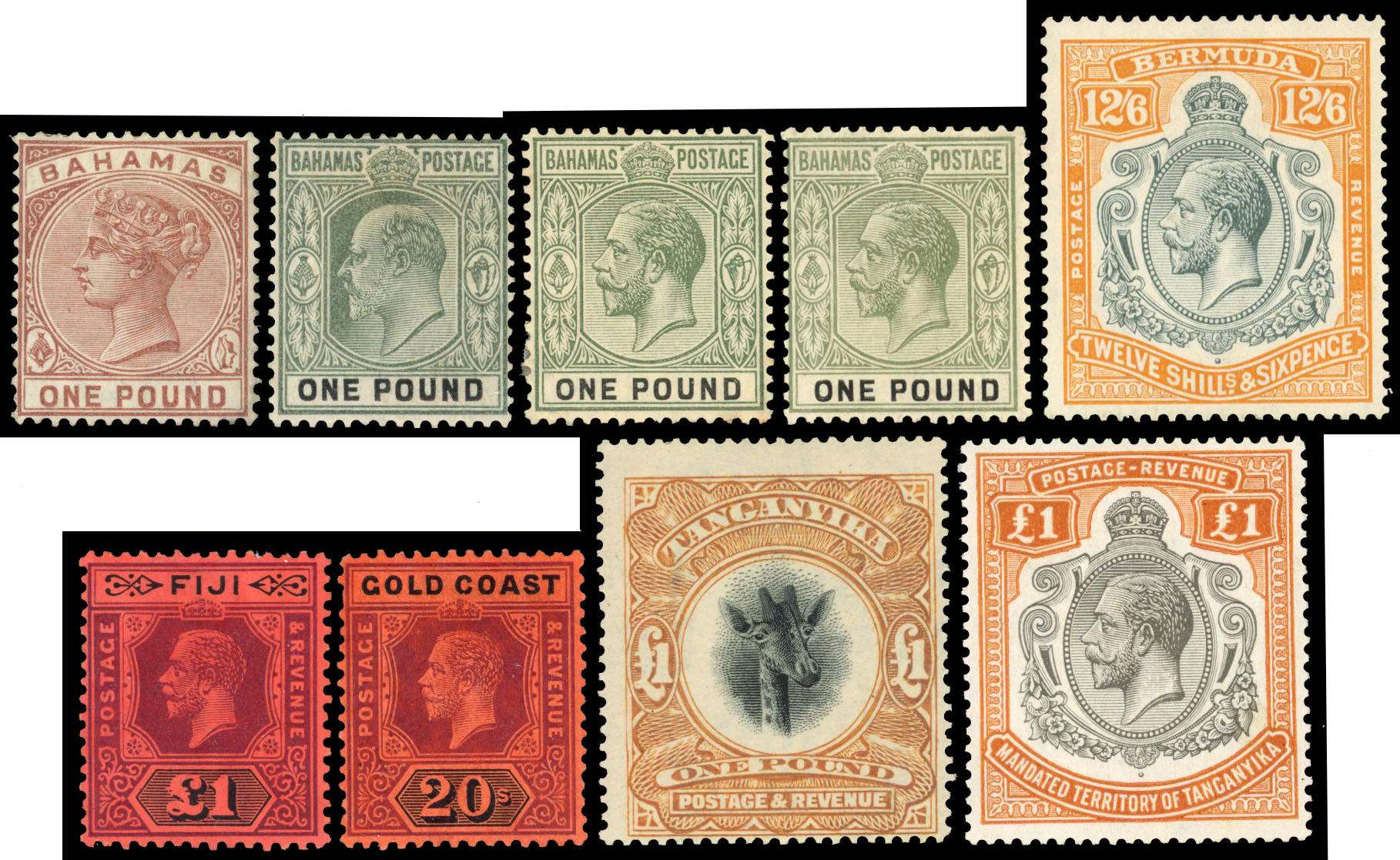 QV-KGV mint selection on stock card including Bahamas 1888 £1, 1902 £1, 1912 £1 (2 shades), Bermuda 1932 12s6d, Fiji 1914 £1,