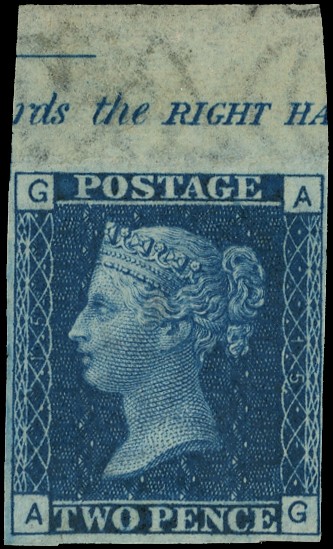 1858-69 2d blue Plate 15 (AG) imperforate imprimatur, top marginal with part...