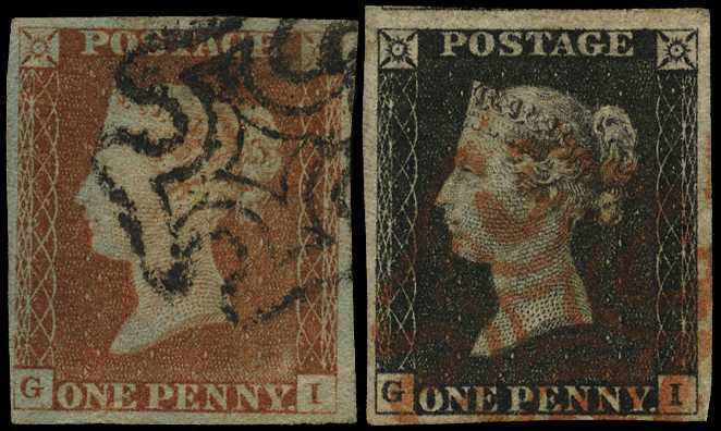 1840 1d black, Plate 2, (GI) with companion...