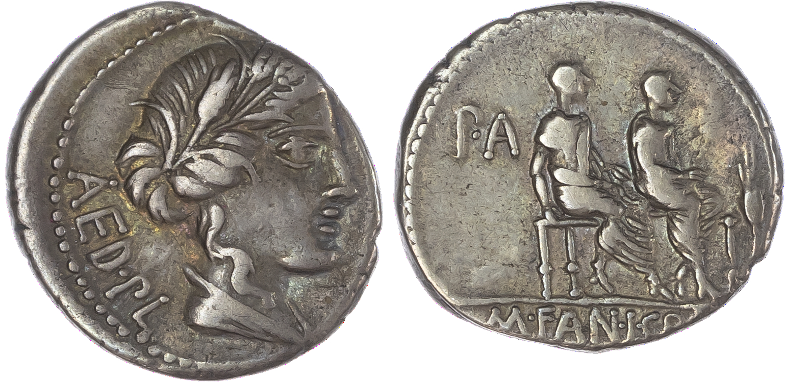 M. Fannius and L. Critonius (86 BC) AR Denarius, Rome, 3.98g. AED•PL, draped bust of Ceres facing right, wearing a wreath of